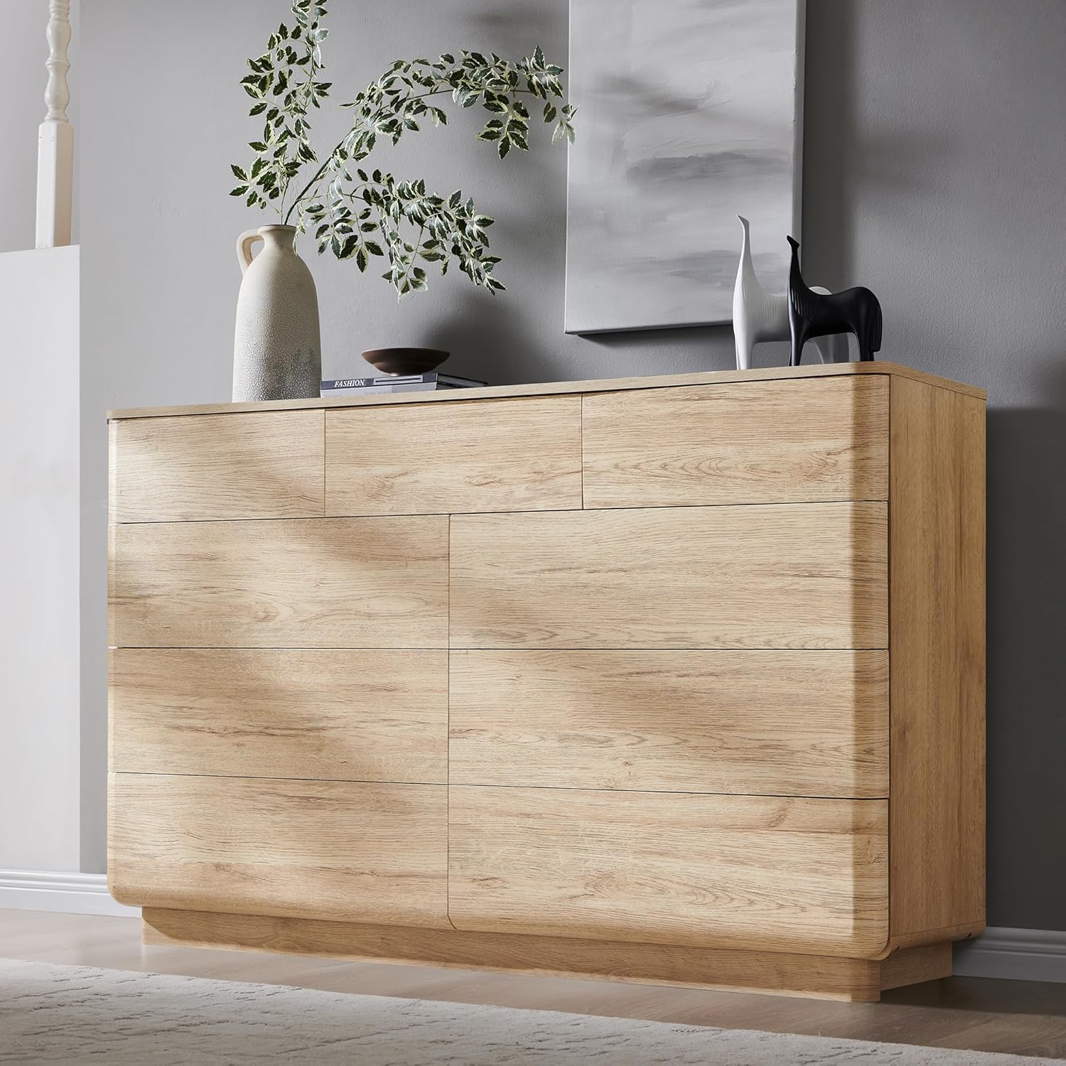 Modern 9 Drawer Dresser for Bedroom, 52" Wide Wooden Dressers with Large Storage,Handleless Chest of Drawers TV Stand for Living Room & Hallway, Curved Profile Design,Natural Oak 15.6"D x 52"W x 33"H (9 Drawers) Nutural Oak image 6 of 7 B0FBWZS4LG