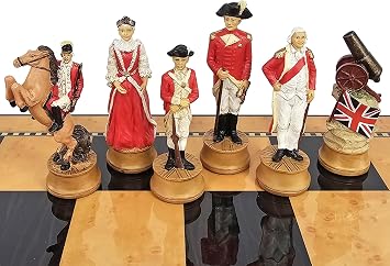 American Revolutionary War Chess Set W/ 17 High Gloss Walnut and Birdseye Maple Color Storage Board