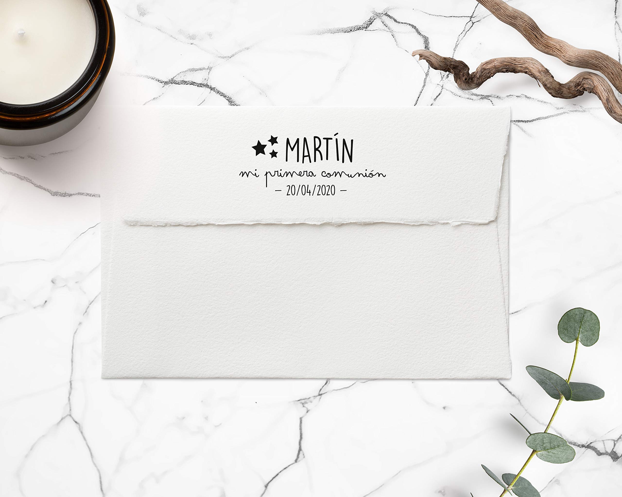 Stamp by Me | Sello Personalizado para Comunión | 4 Diseños | Sello de Madera | Sello de Comunión | Ideal para los Sobres e Invitaciones | Con Tampón de Tinta Opcional | Nombre y Fecha | Estrellas