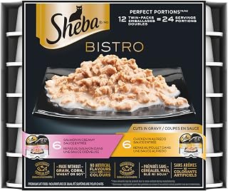 SHEBA Bistro Perfect PORTIONS Cat Food Wet Adult, Cuts in Gravy Chicken in Alfredo Sauce and Salmon in Creamy Sauce Entrée Variety Pack, (12) 75g Trays