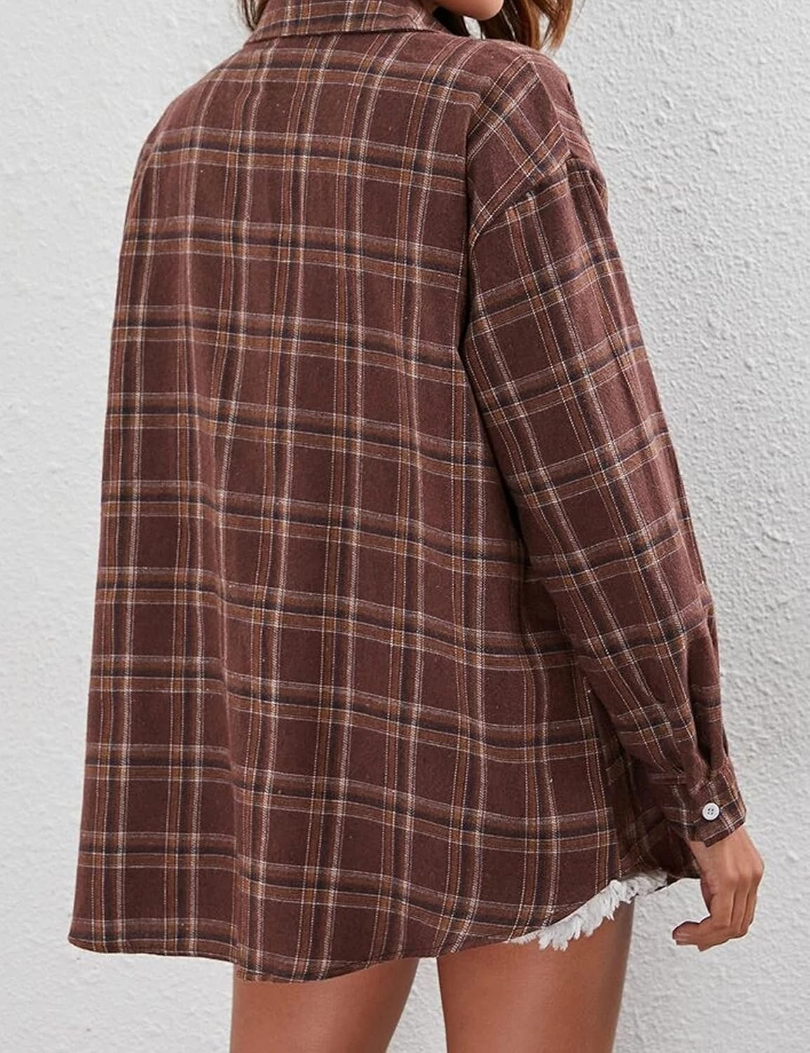 Lumister Womens' Oversized Flannel Plaid Shirt Long Sleeve Drop Shoulder Lapel Button Down Shirt Blouse Tops (0075-DarkCoffee-XXL) - Image 6