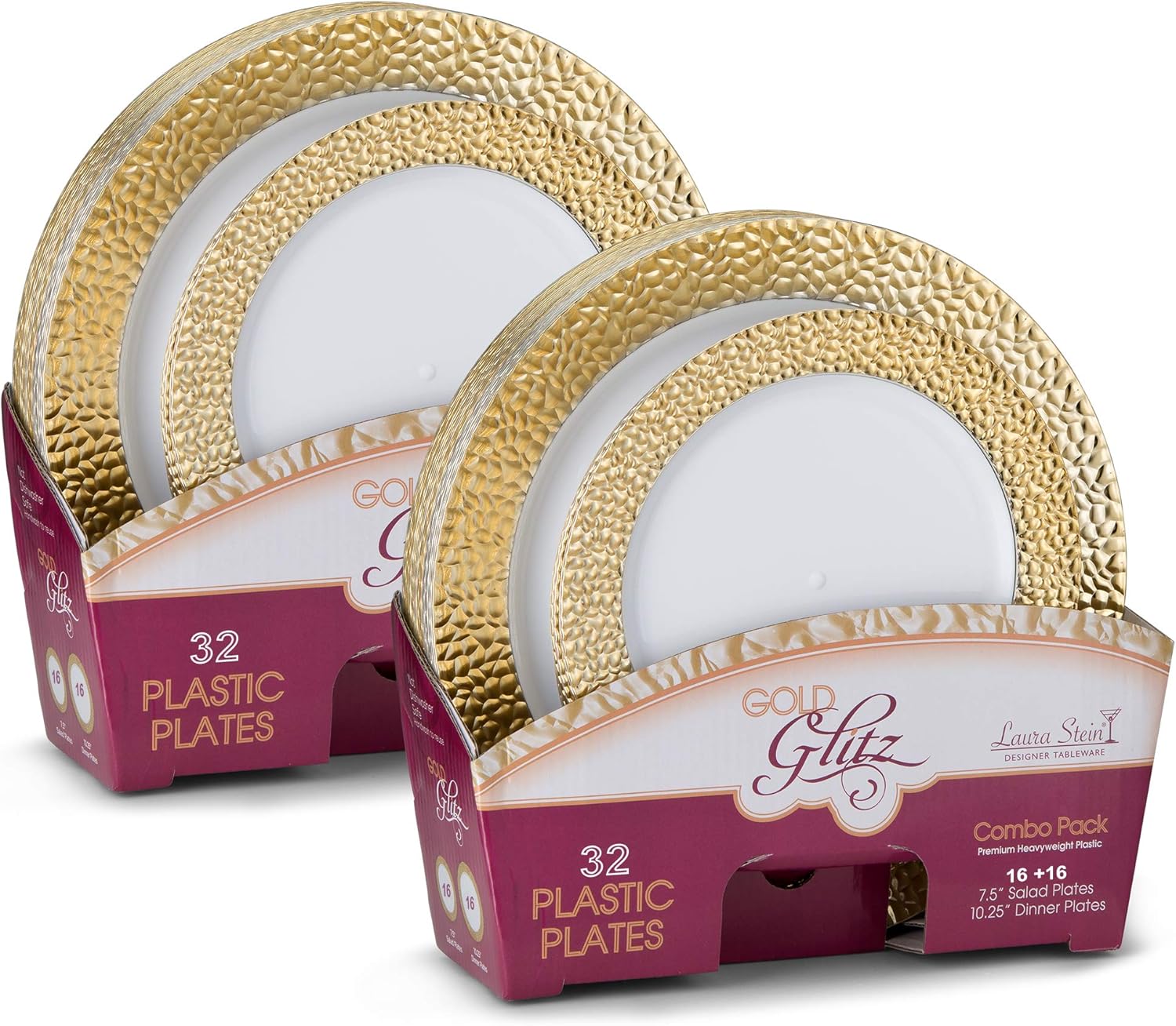Crаzу Clеаrаnсе Laura Stein Designer Dinnerware Set of 64 Premium Plastic Wedding/Party Plates: White, Gold Rim. Set Includes 32 10.75" Dinner Plates & 32 7.5” Salad Plates  Glitz Series