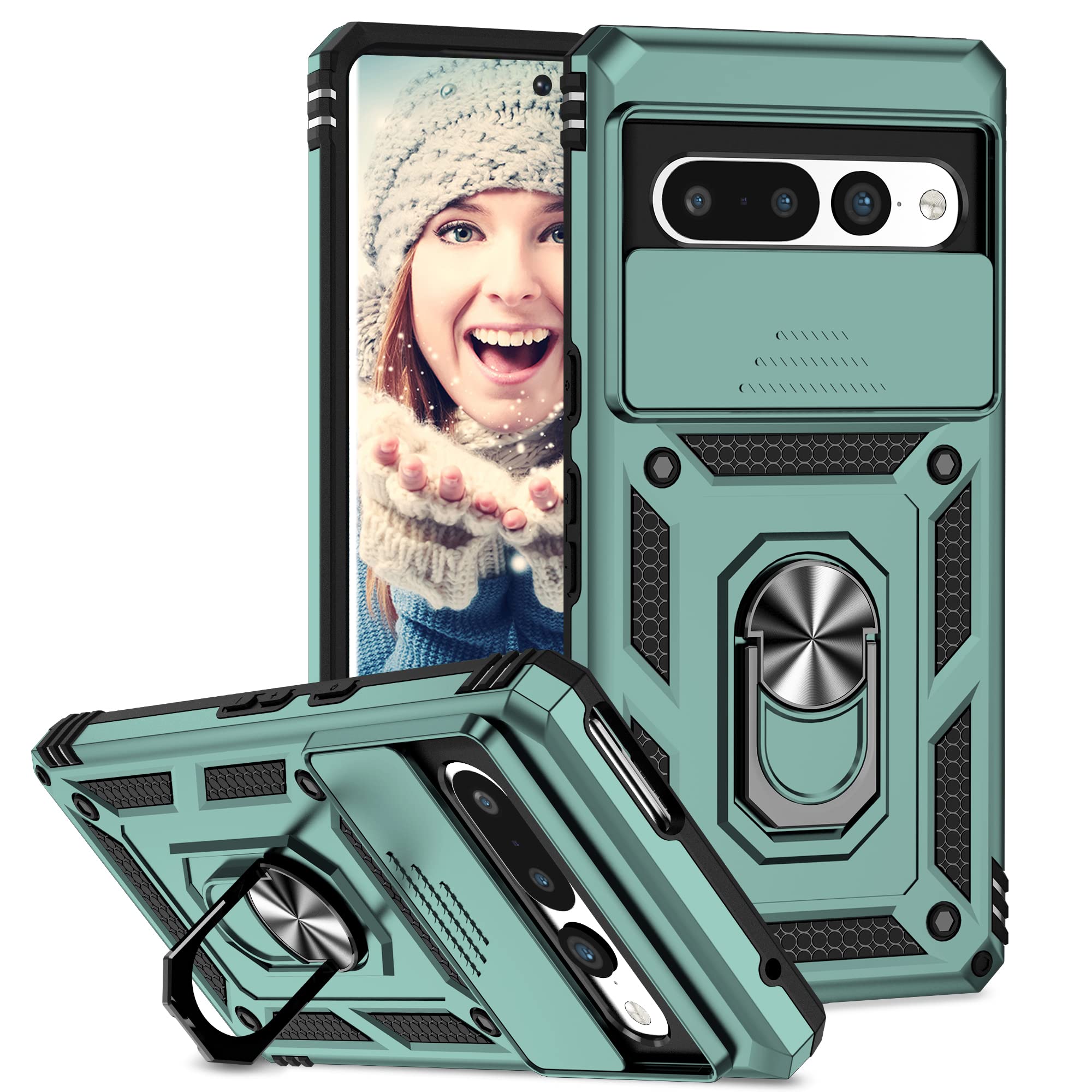 ATISIJIE Cover per Google Pixel 7a Custodia, Anti Graffio Hard PC Google Pixel 7a Cover con 360° Magnetico Cavalletto Funzione [Protezione Fotocamera] Cover Originale Verde Scuro