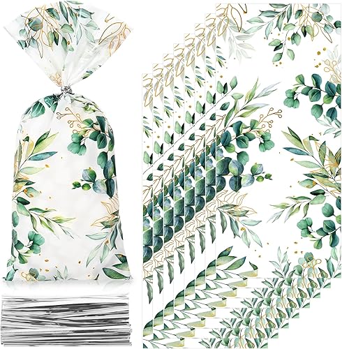 Whaline 160 bolsas de golosinas de eucalipto y celofán, bolsas de plástico impresas para dulces, bolsas de dulces de hojas verdes y doradas, bolsas
