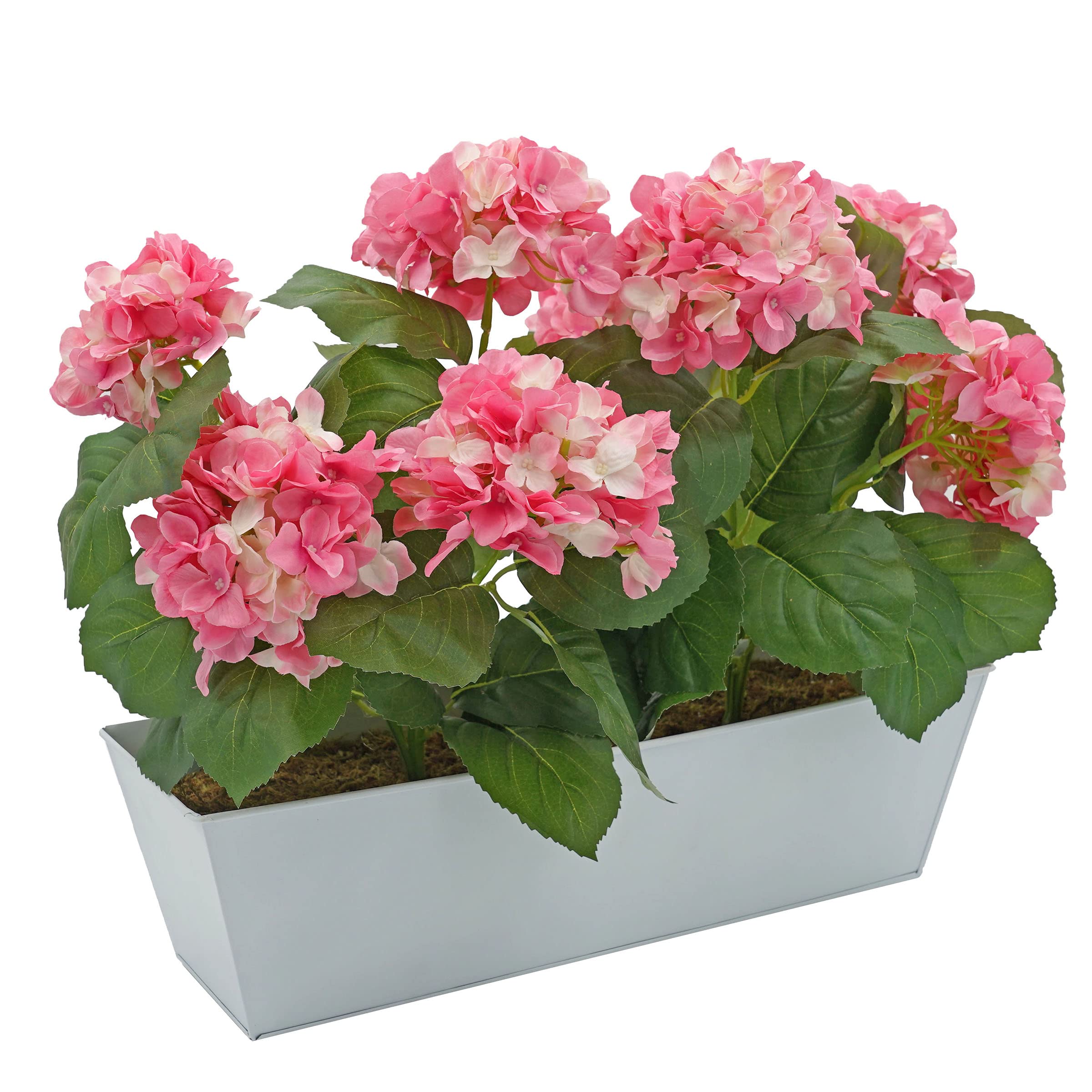 GreenBrokers Artificial Pink Hydrangea Flower Bush White Tin Window Box (45cm)