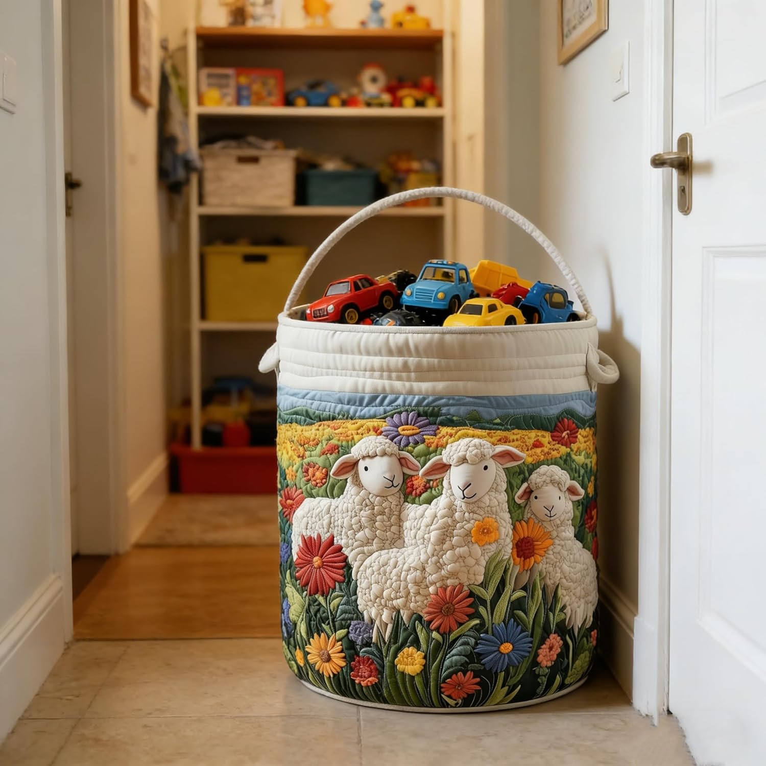 Aiorrax Quilted Laundry Basket with Handles, Boho Floral Fabric Storage Hamper, Large Soft Quilted Laundry Basket for Nursery, Bedroom, Laundry Room,Clothes & Toys (B, L)