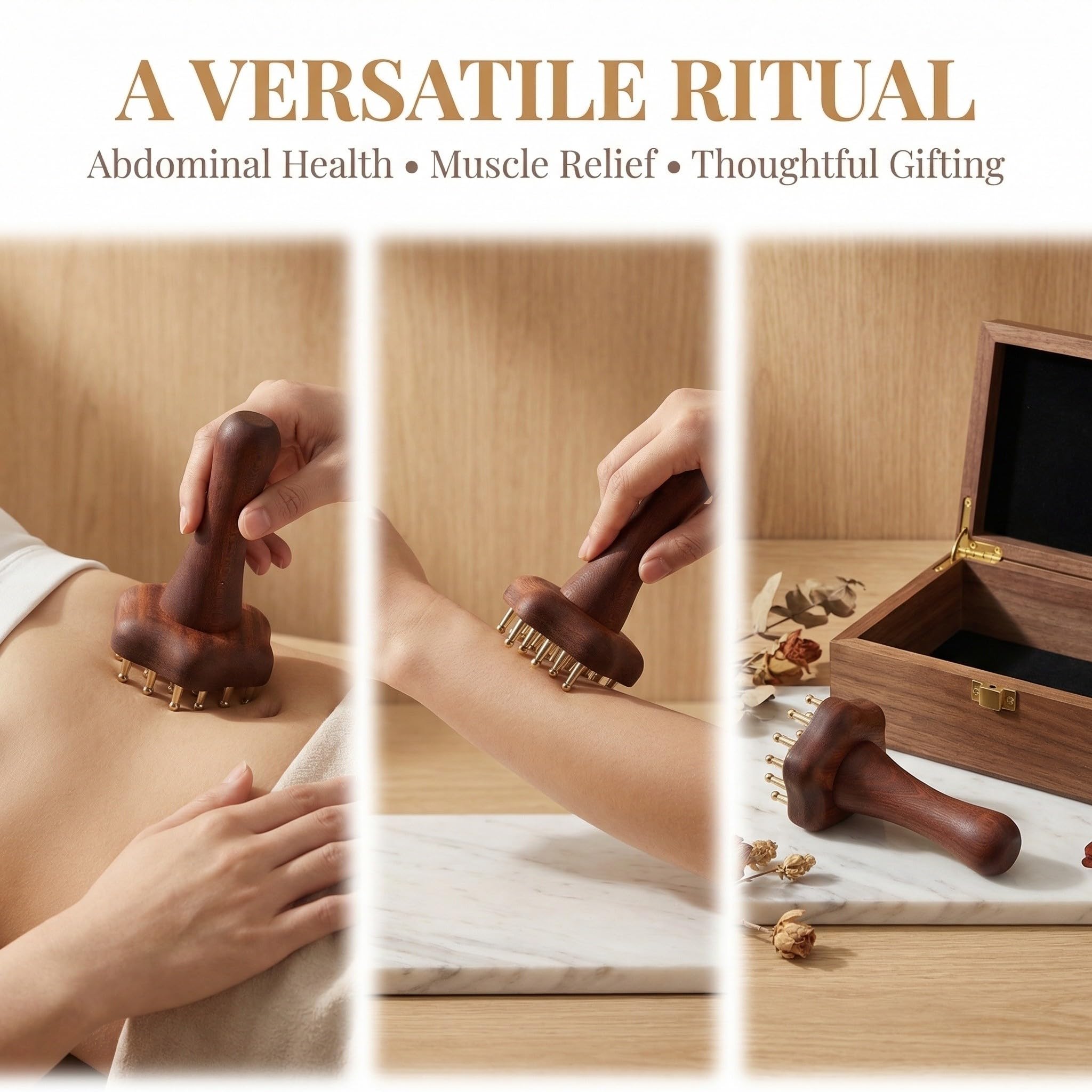 Kisangel Peine masajeador ergonómico de madera y latón con 24 dientes para cuidado corporal y capilar, ideal para spa en casa, pack de 2 unidades