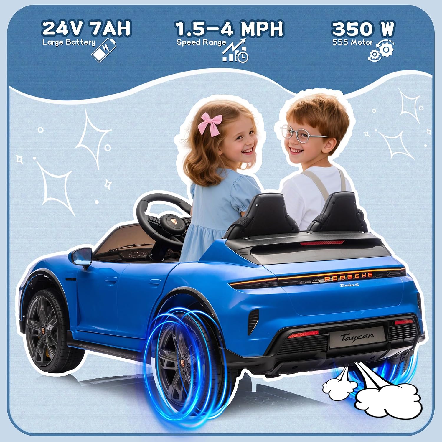 2 Seater Ride on Toy for Big Kids, 24V 7AH Licensed Porsche Taycan Turbo S Ride On Car, Kids Electric Vehicle Toy w/Remote Control, USB/MP3 Music, Spring Suspension, LED Lights, Blue