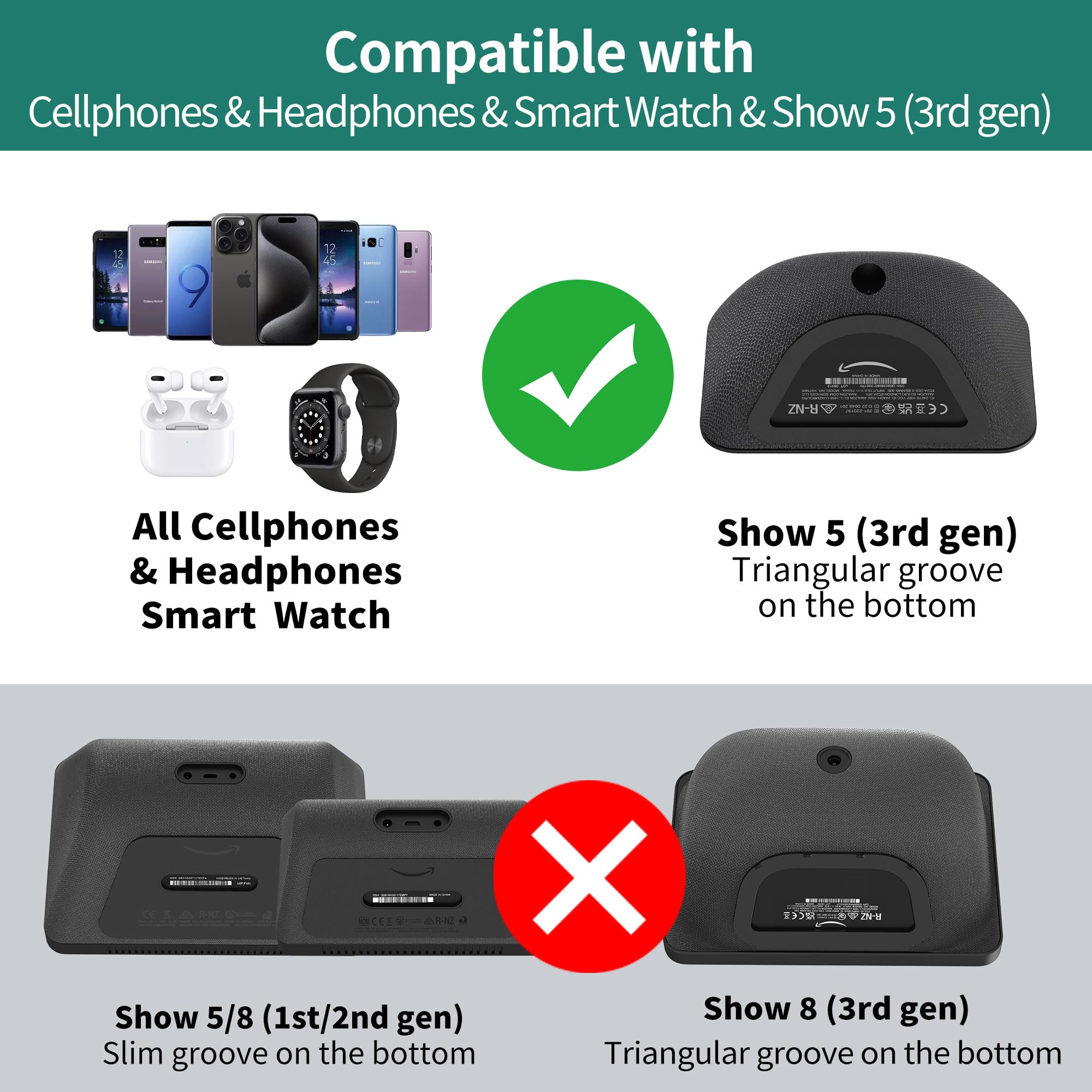 HomeMount Station de charge réglable pour Echo Show 5 (3ème) avec USB-C et port de charge USB, support de charge inclinable avec aimant puissant (pour téléphones et Echo Show 5 3ème – Noir)