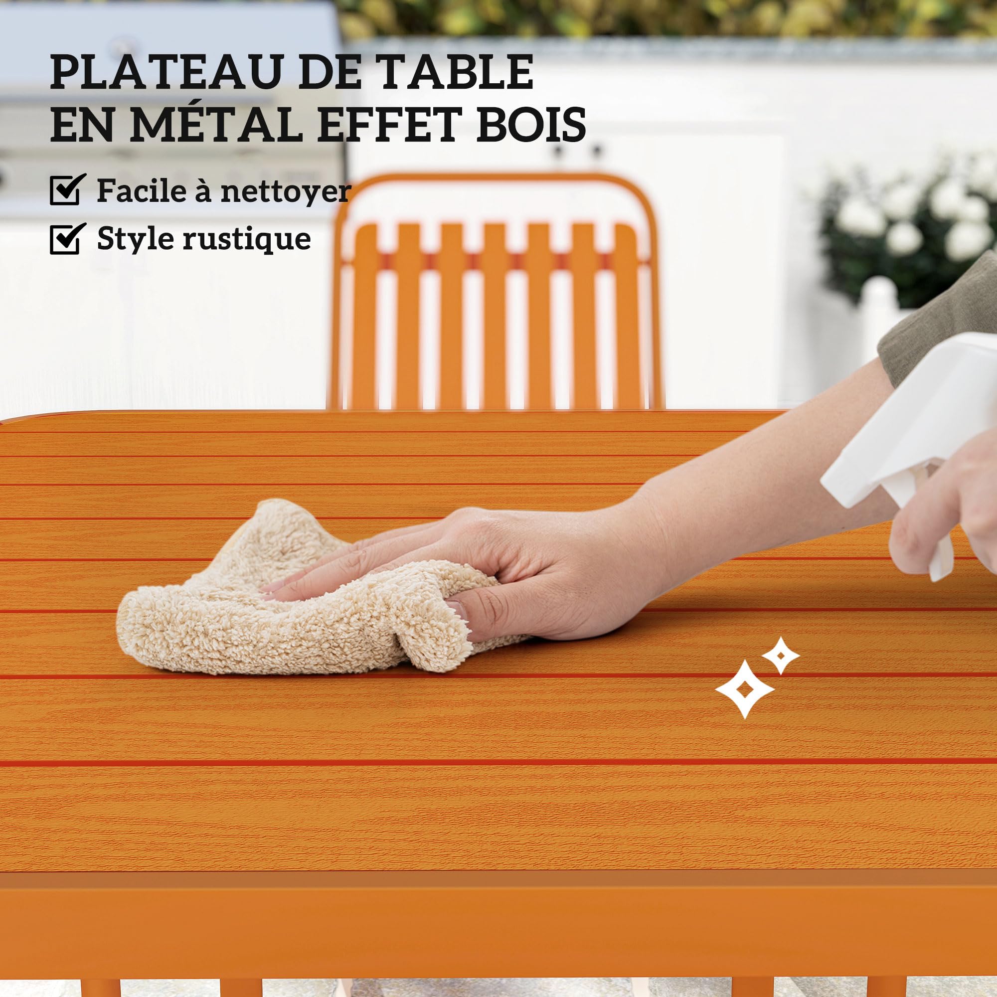 Outsunny Salon de Jardin extérieur 5 pièces, Table de Jardin extérieure avec 4 chaises empilables, Plateau à Lattes 80 cm, Structure en Acier Anti-Rouille, pour terrasse, Patio, Orange