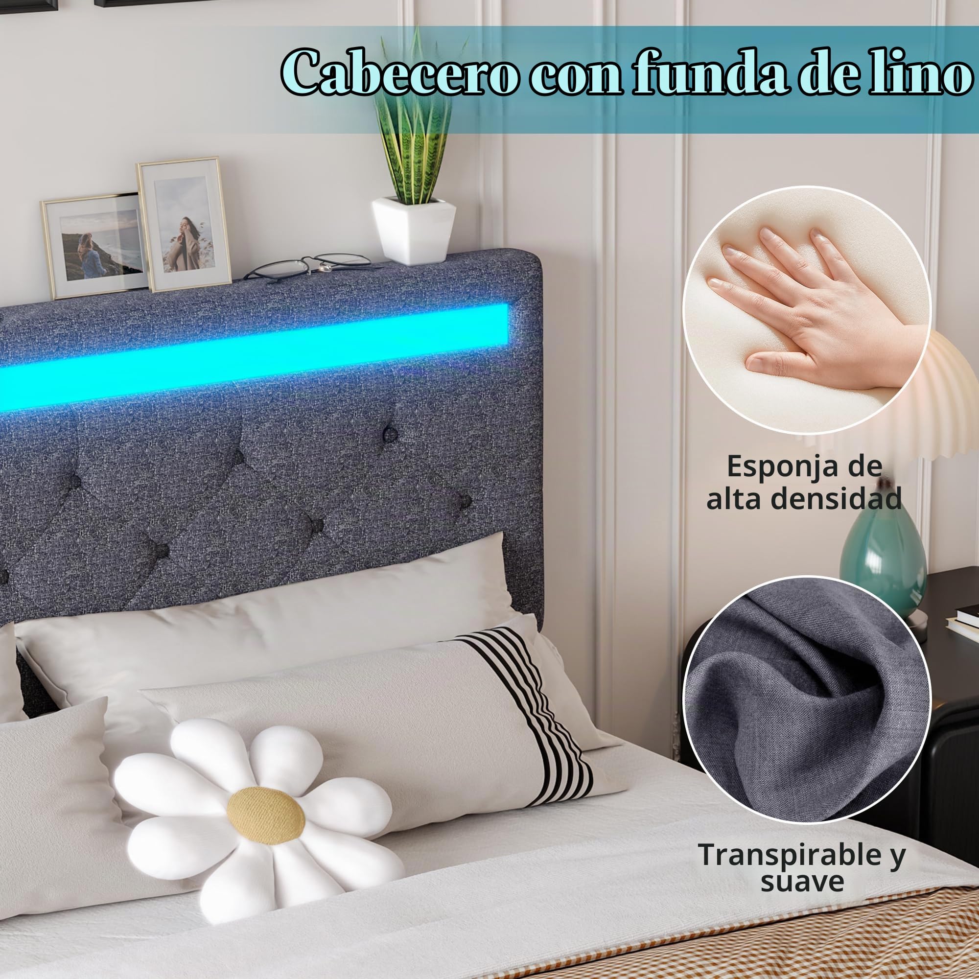 Cama de Matrimonio con Almacenamiento y led, cama Tapizada 160x200 luces led y Cargador Cama con usb y luz led Cama160x200 con 4 Cajones de Almacenamiento, Sin Colchón (A Gris oscuro, 160x200 cm)