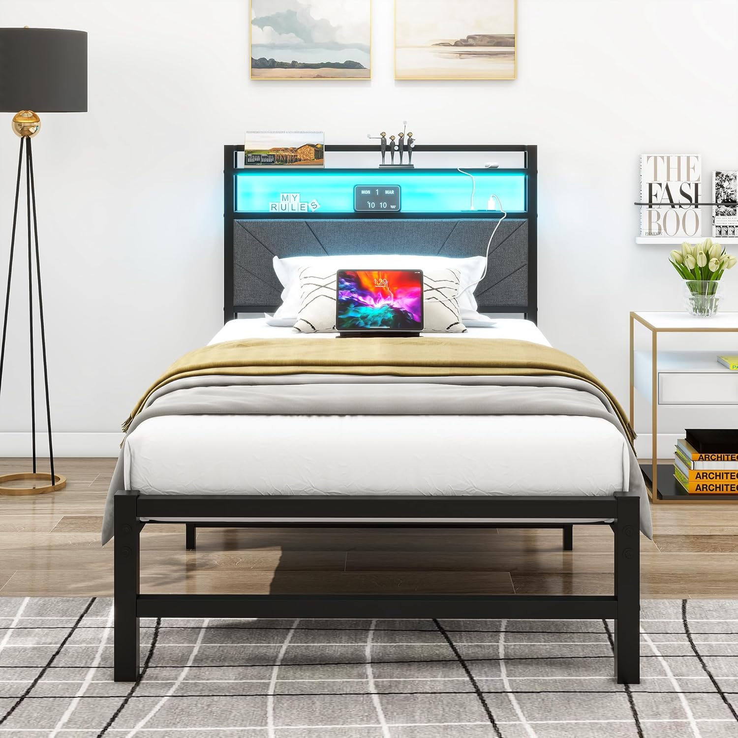 Twin Bed Frame with Charging Station and LED Lights,Heavy Duty Metal Upholstered Headboard with Storage Function?Strong Steel Slat Support?No Box Spring Needed ?Easy Assembly ?Grey?