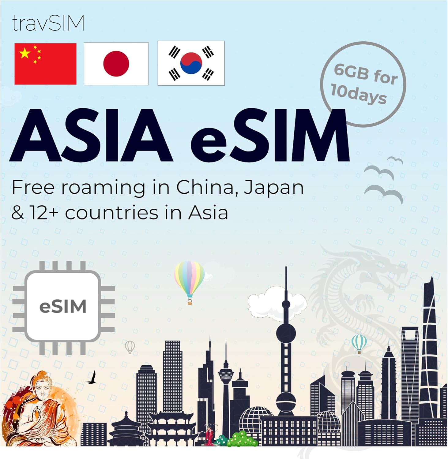 travSIM Asia eSIM | 6GB Mobile Data | Free Roaming in China Japan, South Korea & 12+ Countries in Asia | The Plan on This Asia eSIM is Valid for 10 Days.