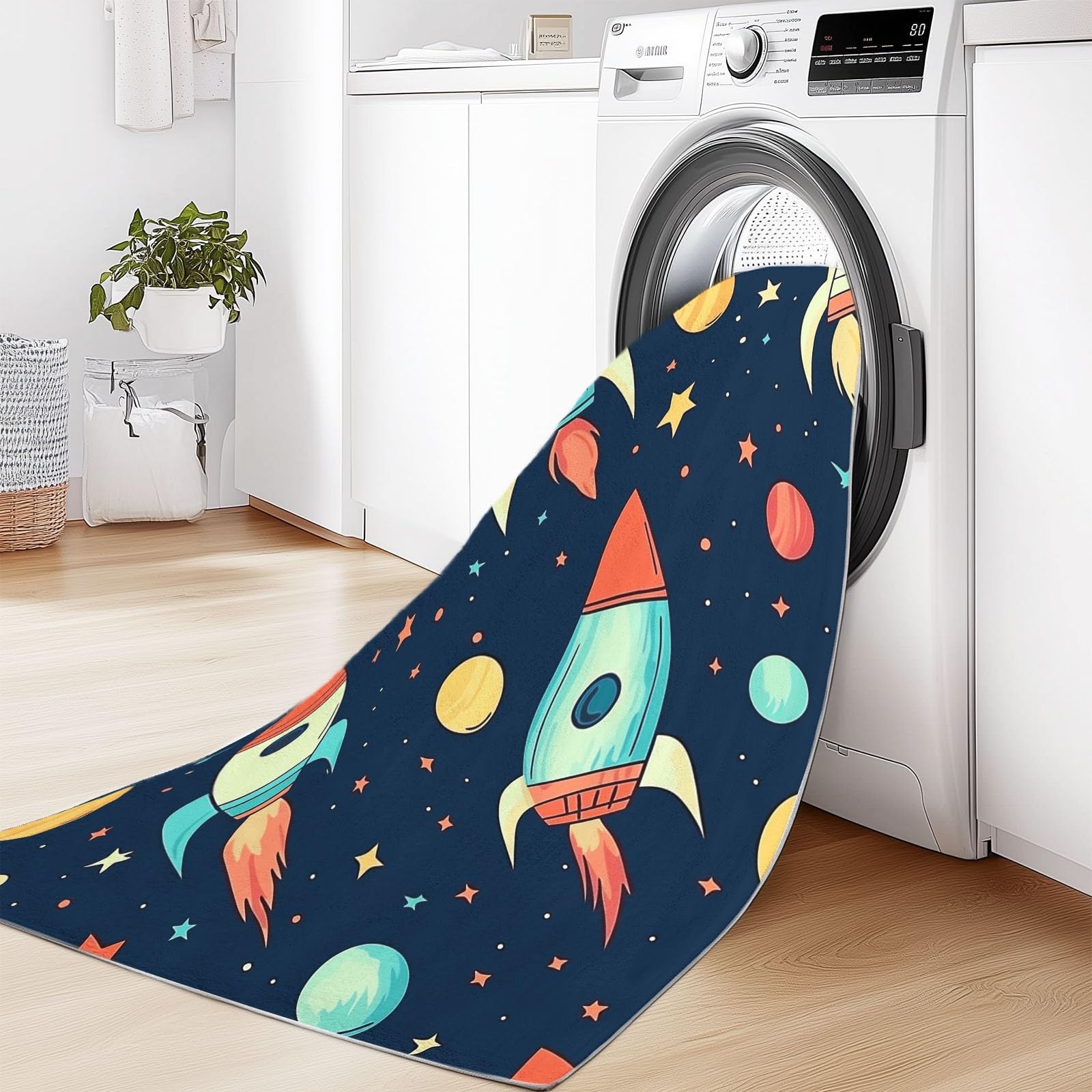 80 x 150 cm Teppich für Wohnzimmer – Kurzflor, Pflegeleicht & Extra Weich, Rechteckiger Teppich mit Niedliche Cartoon-Rakete Stern, geeignet für Schlafzimmer Kinderzimmer, Bunt