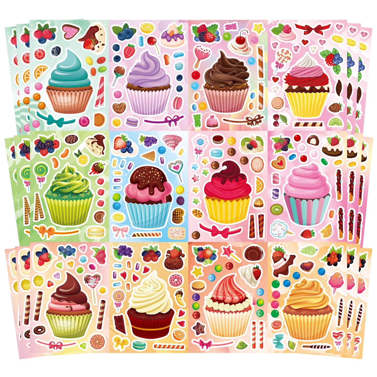 36 Sheets Cupcake Make a Face Stickers, Make Your Own Stickers Mix and Match Ice Cream and Cupcake Sticker Sheets, Cupcakes Sticker for Kids,