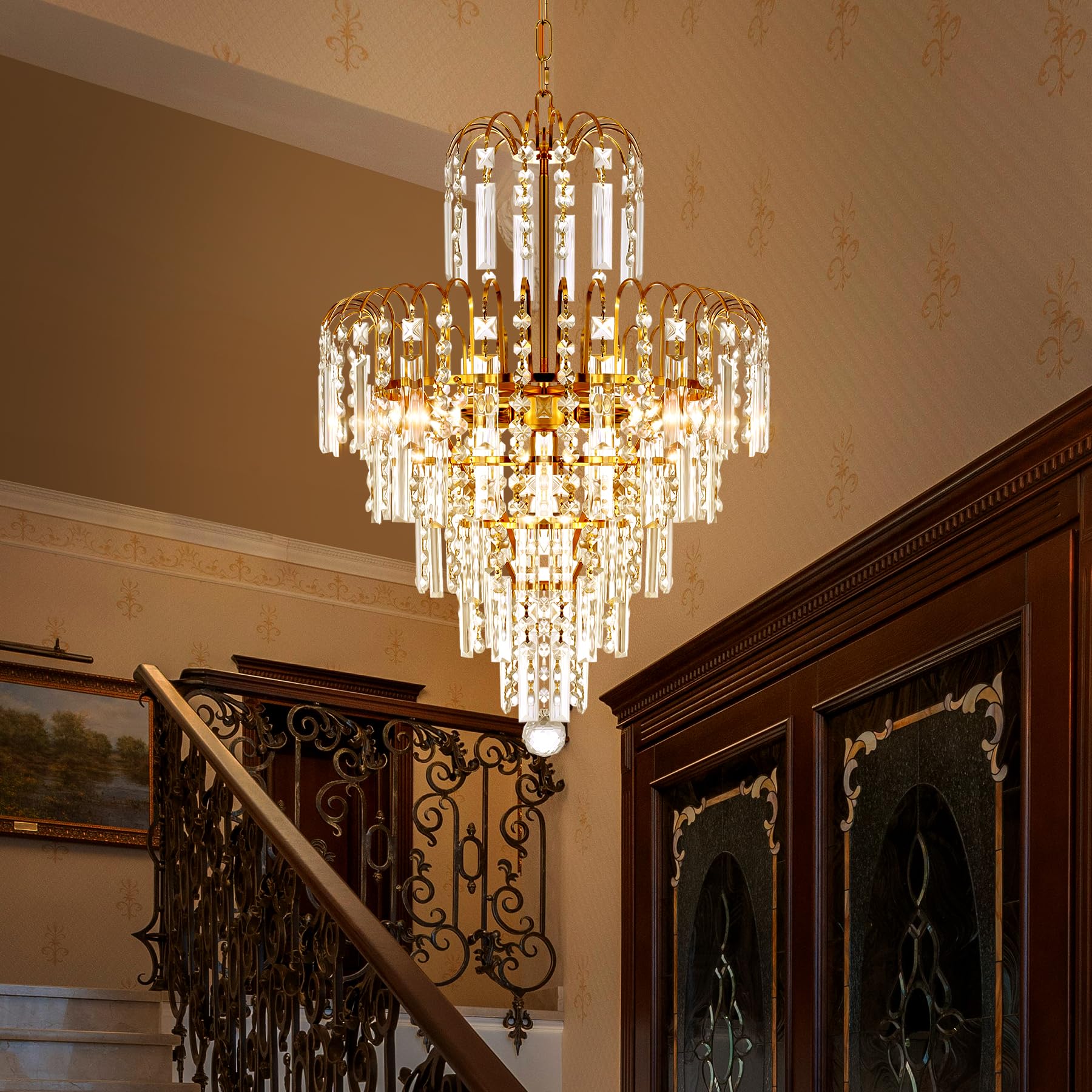 Ridgeyard - Lampadario in cristallo, 3 luci, catena regolabile, stile moderno a goccia di cristallo, K5, illuminazione LED da soffitto per camera, soggiorno, corridoio, 7 livelli, Oro