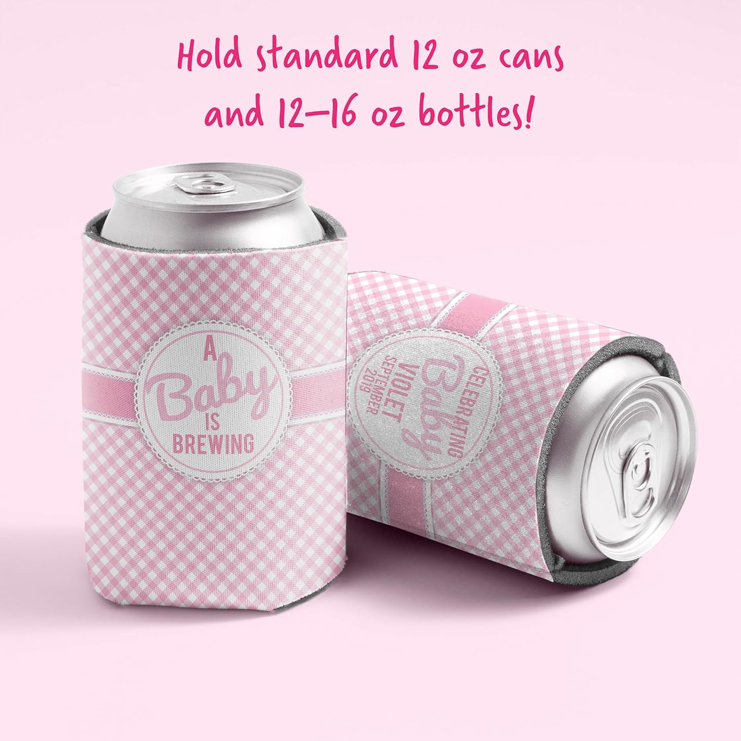 VictoryStore Custom Baby Shower Can Coolers – A Baby is Brewing Pink Baby Girl Design – Personalized Set of 12 – Party Favors for Drinks – Fits 12–16 oz Cans & Bottles