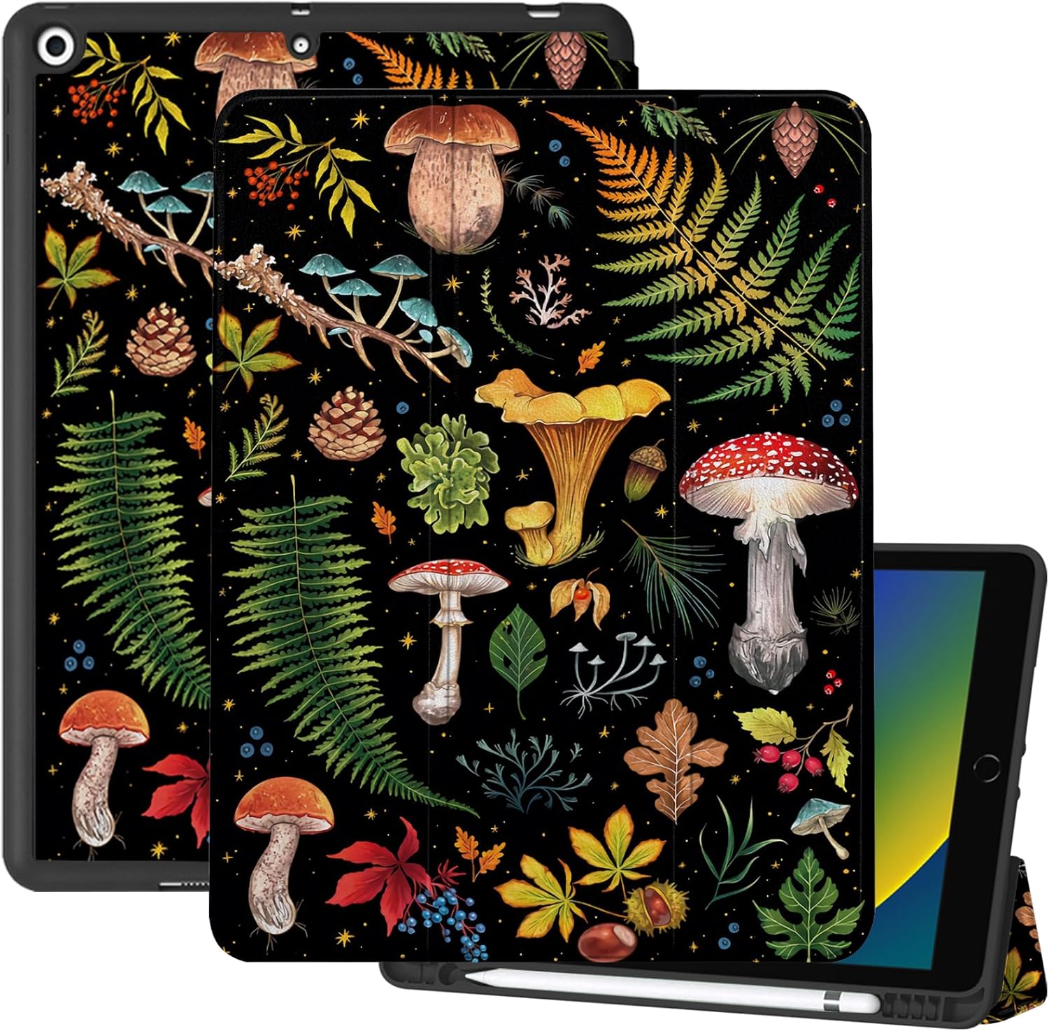 Compatible with iPad 10.2 inch Case,9th /8th /7th Generation Case(2021/2020/2019) with Pencil Holder Soft TPU Back Case,Auto Sleep/Wake Cover,Cute Aesthetic for Girls Women-Mushroom W9-Mushroom