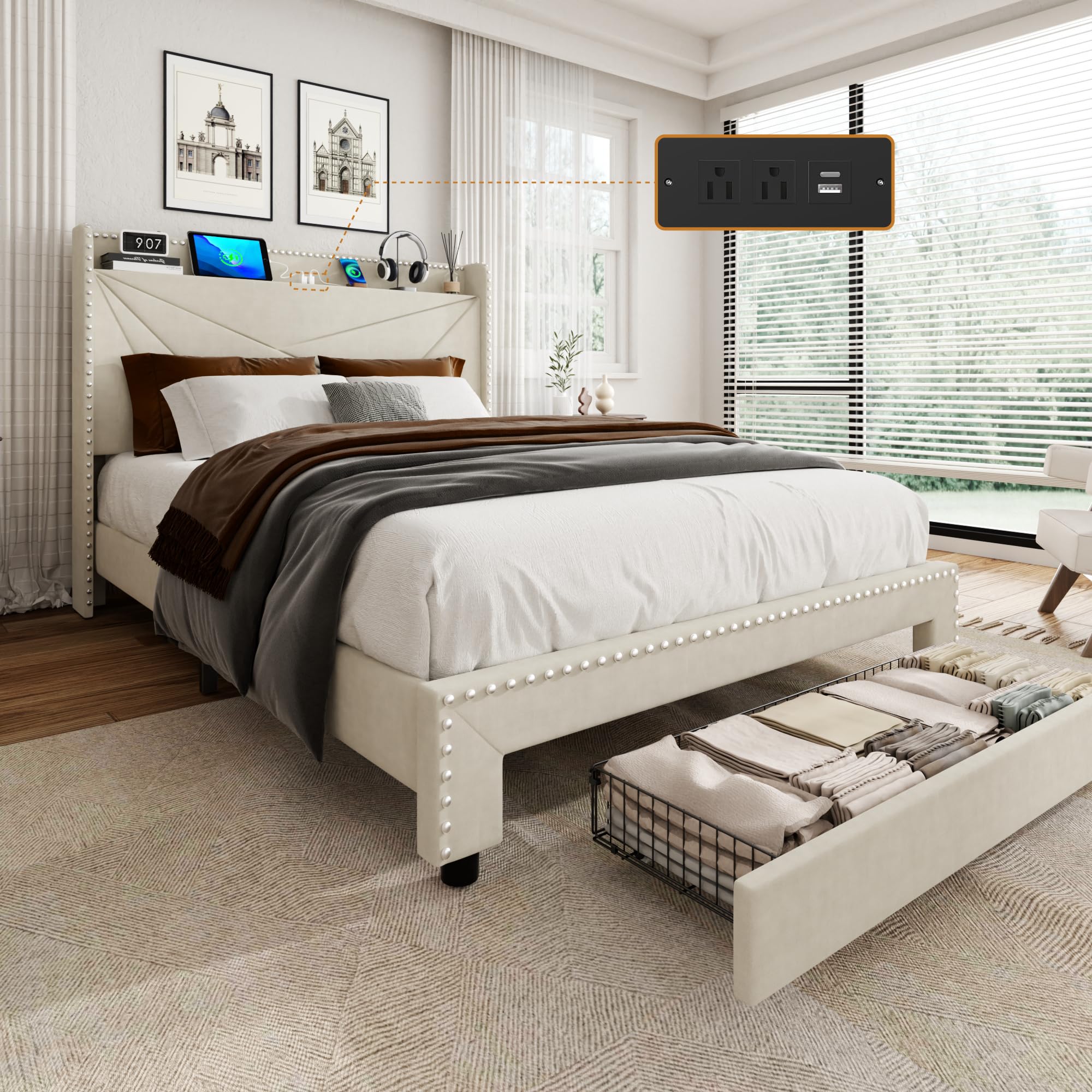 Queen Size Bed Frame with 2 Storage Drawers, Queen Bed Frame with Type-C & USB Ports, Upholstered Platform Bed Frame with Wingback Storage Headboard,