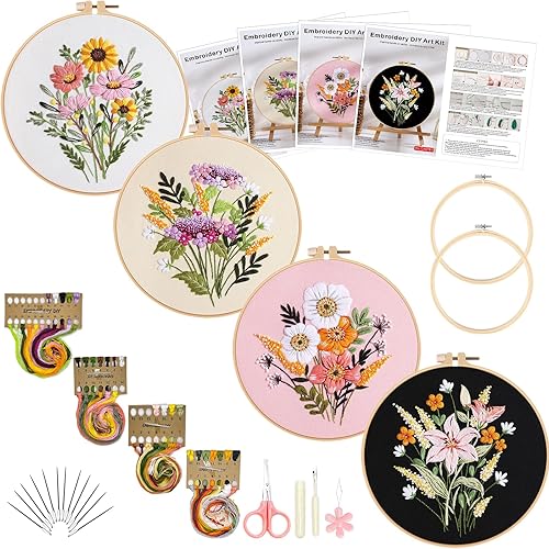 Picoey Kit de bordado de pájaros para principiantes con patrón e instrucciones, paquete de 4 kits de punto de cruz, 2 aros de bordado de madera,