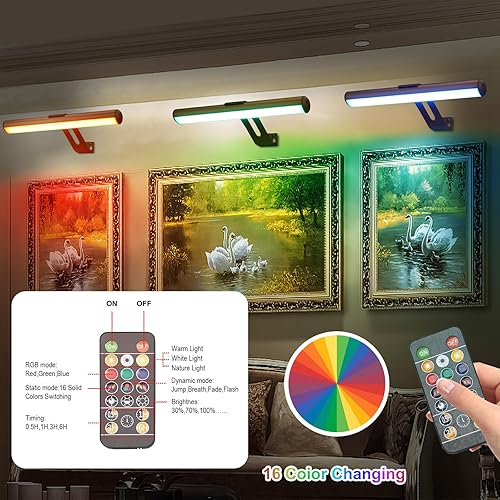 Miniatura 3 de ZOCALOK Luz de imagen funciona con pilas, luces de imagen para pared, luz de imagen inalámbrica con control remoto para pinturas, 48 LED, 16 colores