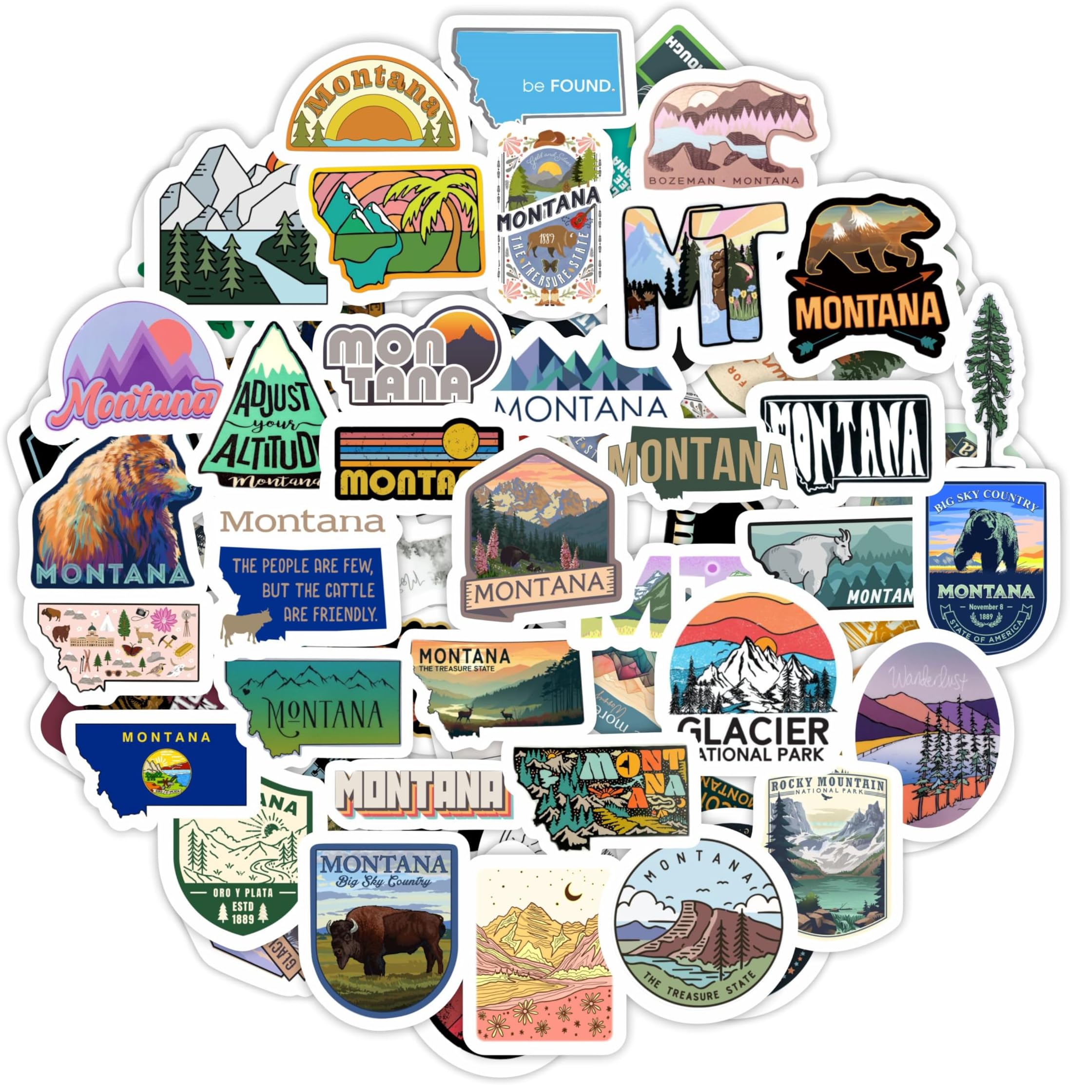 BulbaCraft 100Pcs Montana Stickers for Water Bottle and Laptop - Montana Party Favors & Decorations, Waterproof Vinyl Decals, State Pride and Icon Stickers, Gifts for Women & Men
