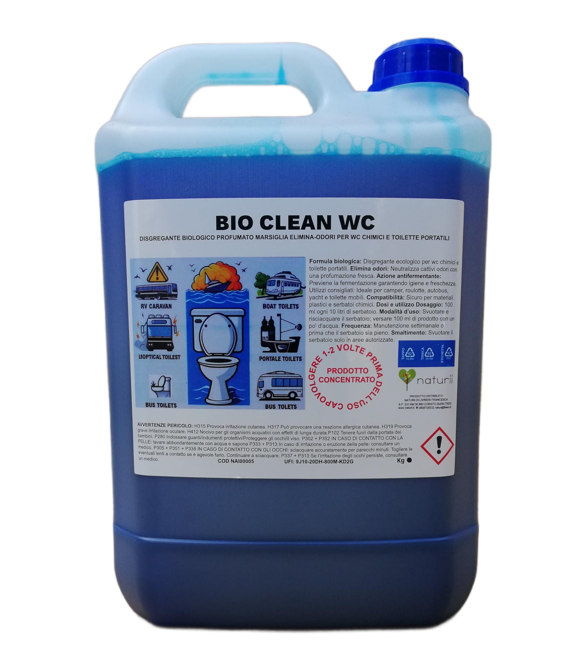 BIO CLEAN WC Disgregante Profumato per WC Chimici e Toilette Portatili, Azione Antiodore, Previene Fermentazione, Ideale per Camper Roulotte Yacht e Bagni Portatili, Tanica 5 kg con Beccuccio Dosatore