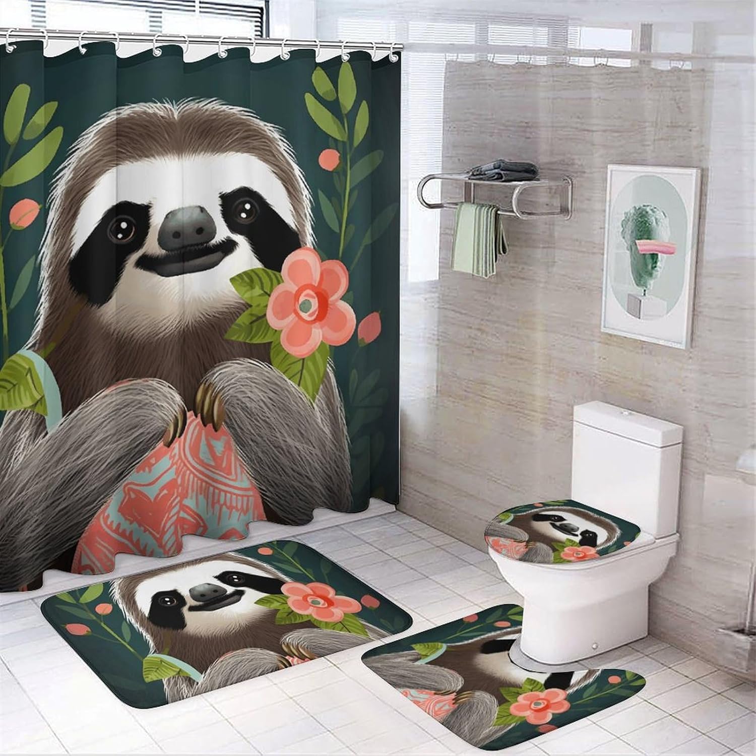 Cute Sloth Shower Curtain Set 4 Piece, Non-Slip Bath Mat with Toilet Lid Cover and Waterproof Shower Curtain with 12 Hooks, Complete Bathroom Set for Home Decor