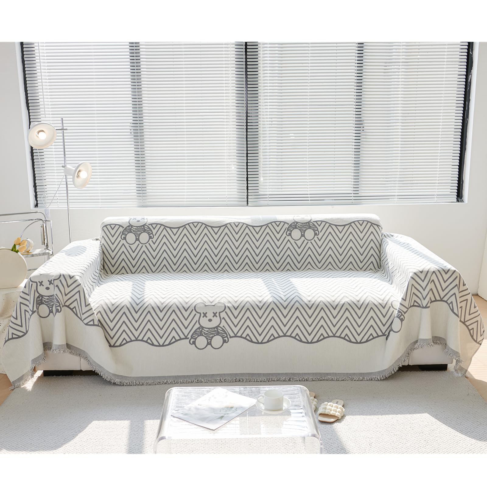 Housse de canapé 3 places gris 180x300 cm à motif ours jeté de canapé grande taille