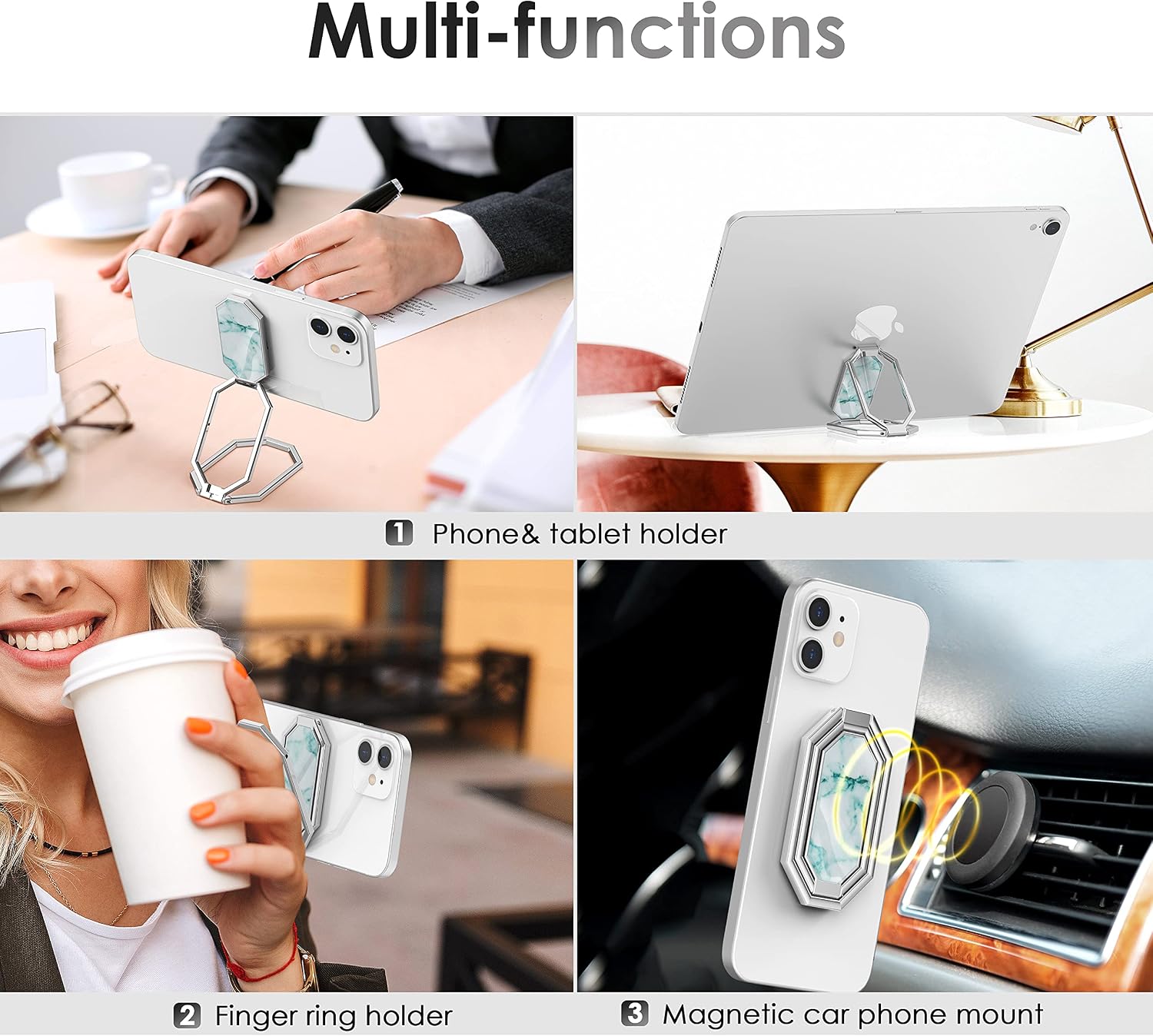 Cell Phone Ring Holder Finger Stand, UVERTOOP Foldable Ring Phone Kickstand 360° Rotation Metal Back Grip Phone Holder for Magnetic Car Mount, Compatible with iPhone Samsung iPad Tablets (Marble Cyan)