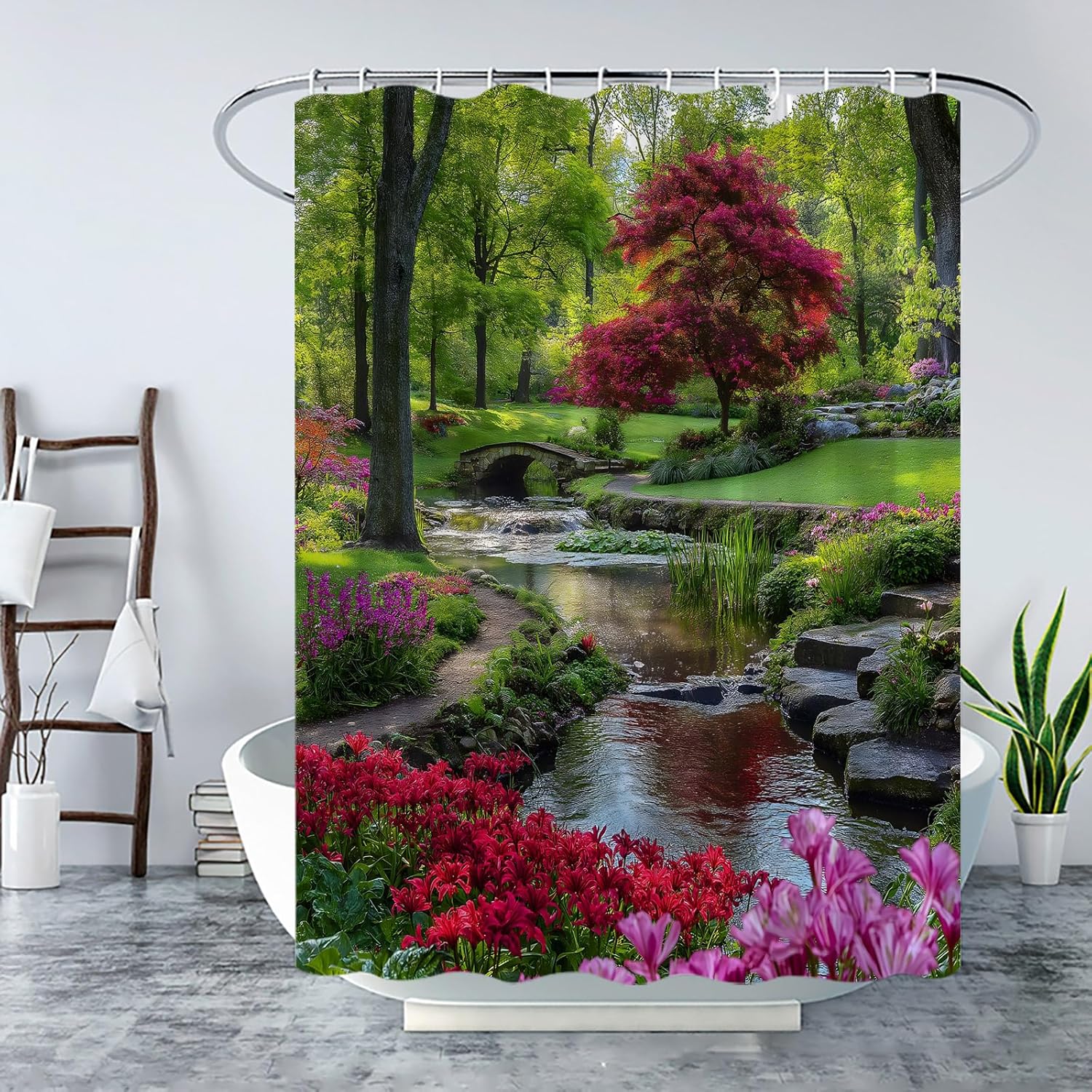 Garden Shower Curtain Green Plants River Landscape Spring Nature Scenery Rustic Floral Stream Country Decor Bathroom Curtain Set with Hook