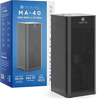 Medify Air MA-40 Air Purifier with H13 True HEPA Filter | 840 sq ft Coverage | for Allergens, Wildfire Smoke, Dust, Odors, Pollen, Pet Dander | Quiet 99.7% Removal to 0.1 Microns | Black, 1-Pack
