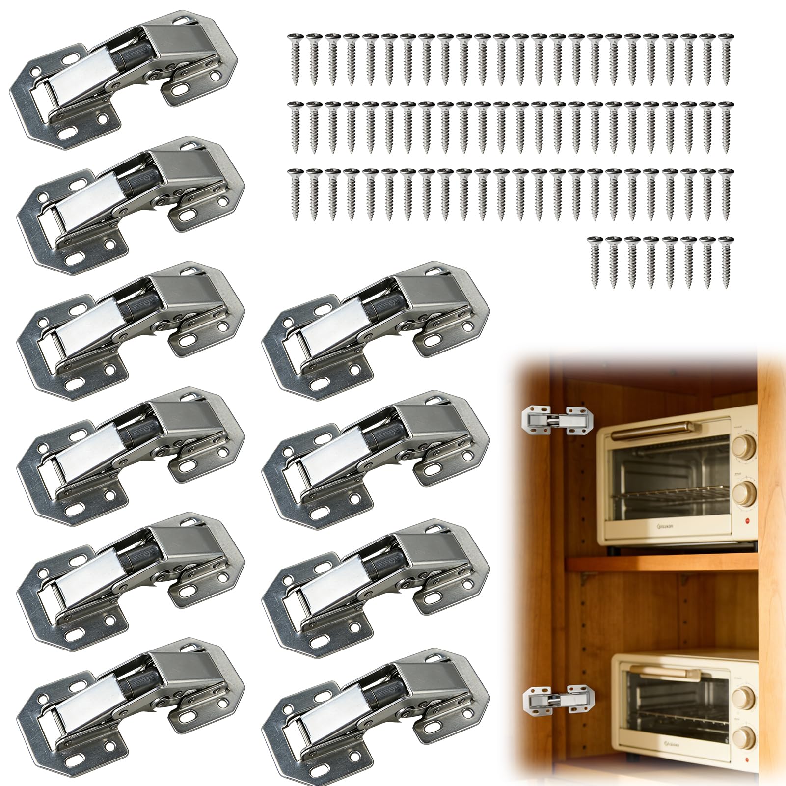 10 Pcs Cabinet Hinges Kitchen Cupboard Hinge, Soft Close Full Overlay Kitchen Cupboard Hinges for Kitchen Cabinets Wardrobes Bathroom Cabinets Furniture Doors (80Pcs Screws)