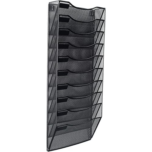 10 Sections Hanging Files Wall Mounted Metal Mesh Document File Organizer Magazine Holder Rack Organizer Racks Multipurpose Use to Display Files, Magazine, Newspapers- Black