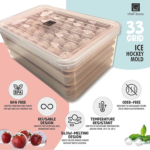 Chef Boxx Bandeja redonda para cubitos de hielo de 99 piezas, contenedor de plástico y tapa para almacenamiento, bandeja de hielo apilable para