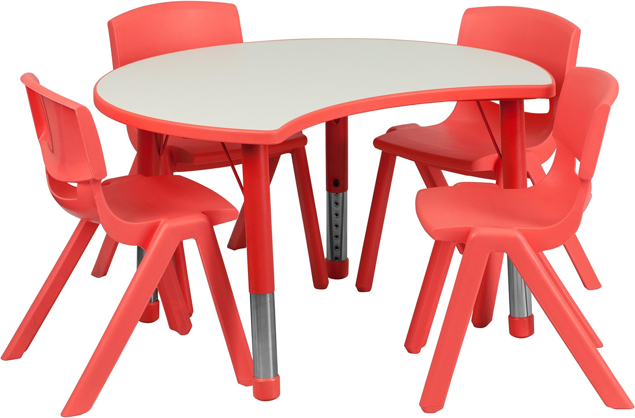 My Friendly Office MFO 25.125''W x 35.5''L Height Adjustable Cutout Circle Red Plastic Activity Table Set with 4 School Stack Chairs