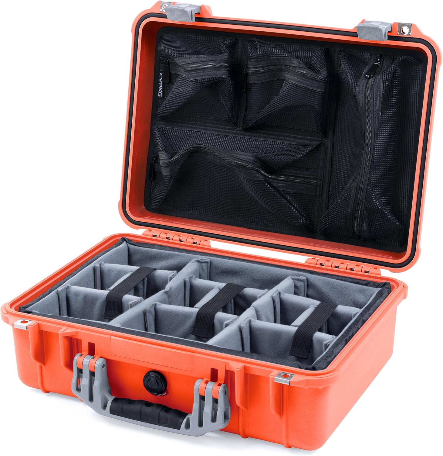 ColorCase Pelican 1500 Case Orange - Medium Size Waterproof Case with Gray Divider & Mesh Lid Organizer - OD Green Handles & Latches