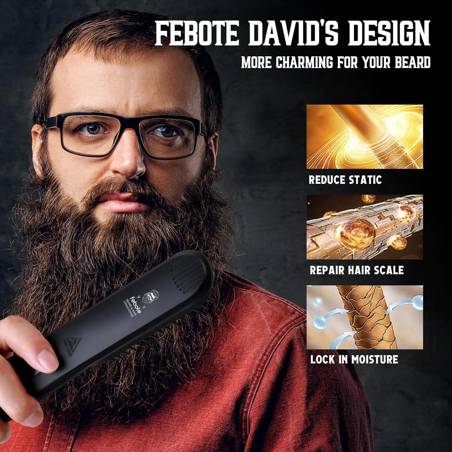 Heated Ionic Hair Straightening Brush for Men - 5 Temperature Settings, Anti-Scald, Beard Shaper & Travel Bag - Image 3