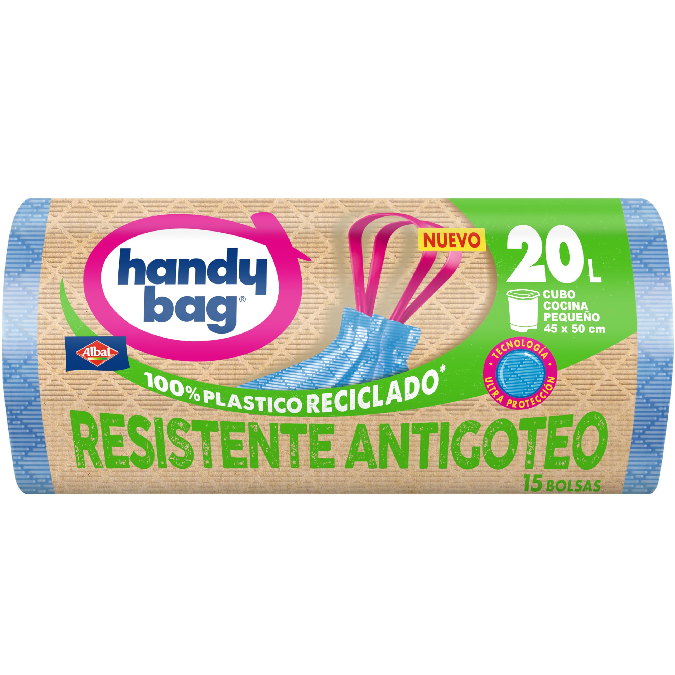 Handy Bag Bolsas de Basura Resistente Antigoteo, 100% Reciclado, Autocierre, 20L, 15 Bolsas, 1 Paquete