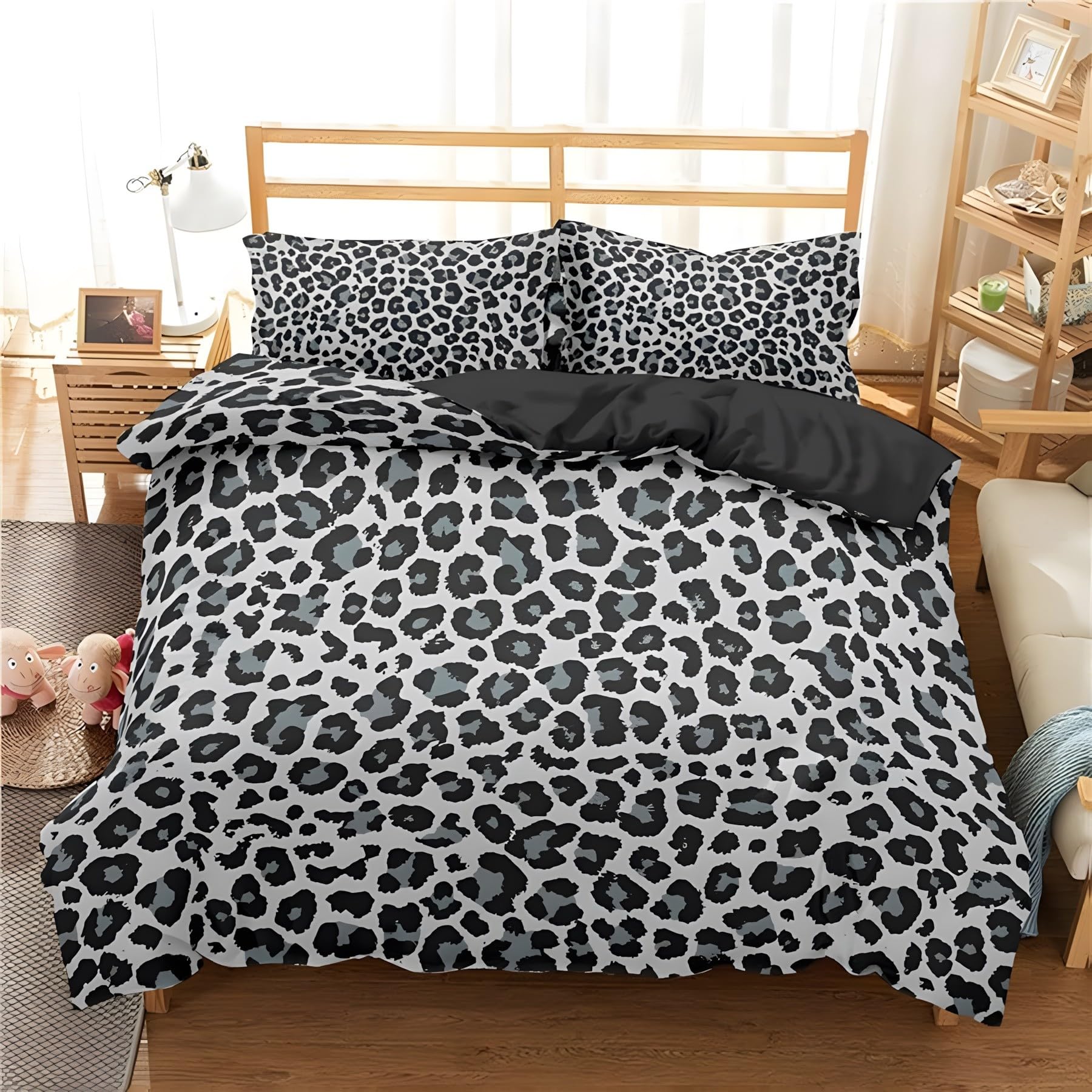 Parure de lit 220x240 gris imprimé léopard avec housse de couette en microfibre et taies Ju101
