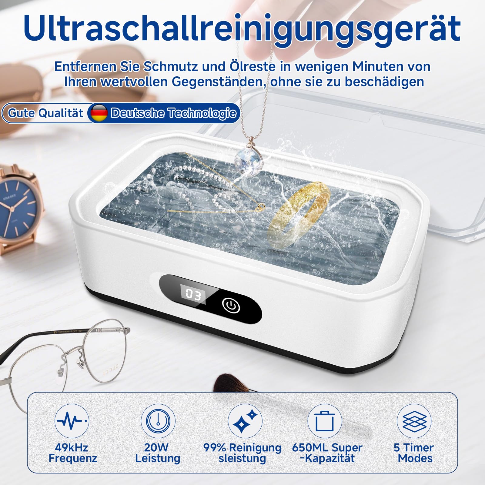 Ultraschallreinigungsgerät, 49000Hz Ultraschallreiniger, 650ml brillenreinigungsgerät mit 5 Zeitfunktionen, professionelles Ultrasonic Cleaner zum Reinigen von Brillen, Uhren, Ringen, Rasierklingen