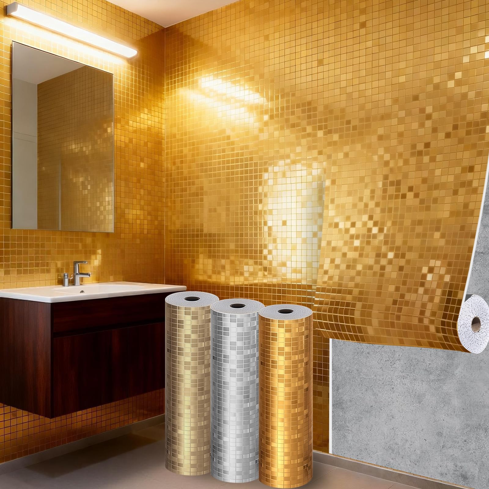 Takezuaa 4 Roll 3D Mosaic Self-Adhesive Wallpaper 40x300cm 2.2mm Thick PVC Waterproof Peel and Stick Wallpaper for Kitchen Bathroom Gold Luxury Mirror Reflective Texture for KTV Bar