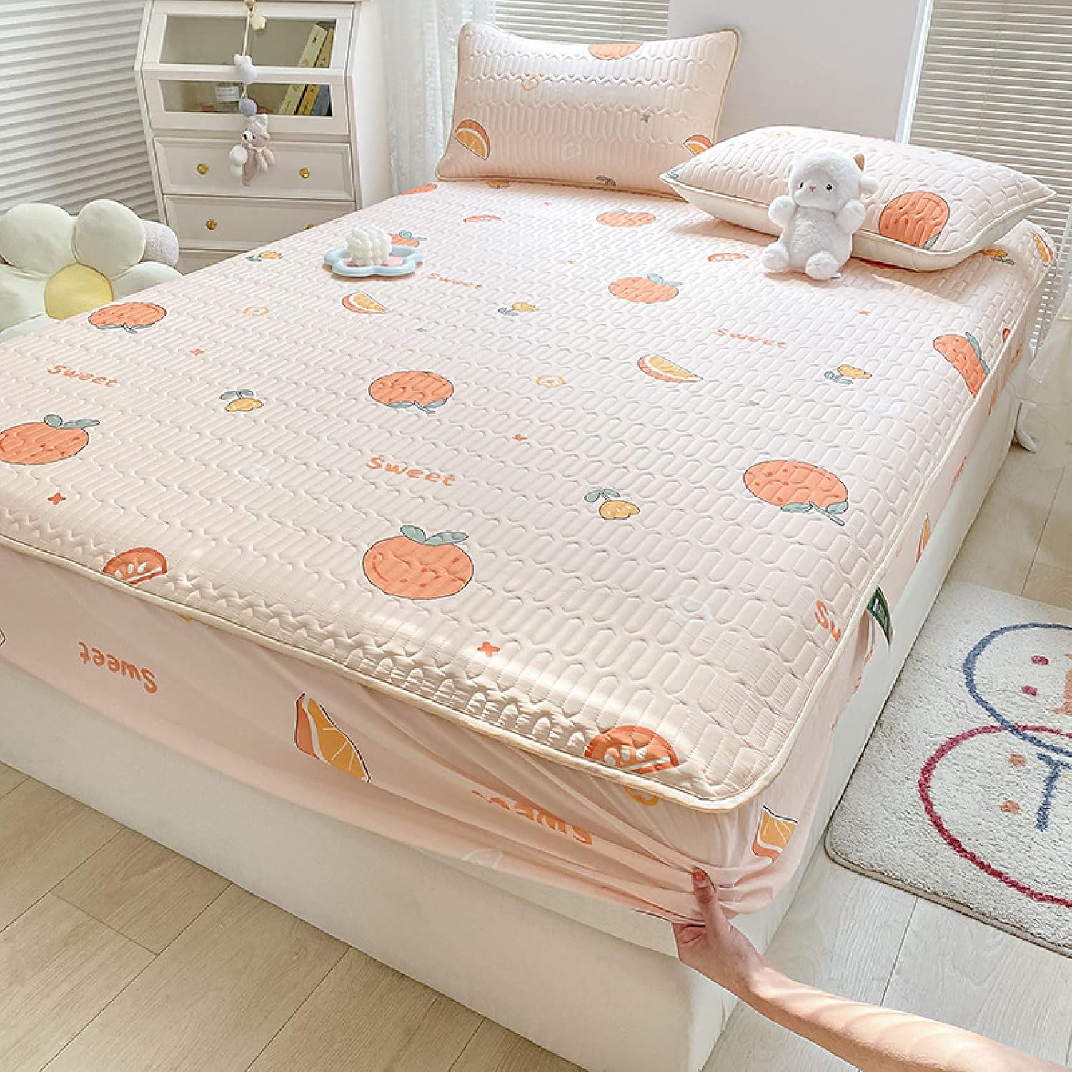 FCLDESHOP Bed Encasement,Thicken Latex Cool Silk Fitted Bed Sheet, Children's Bedroom Cartoon Anime Print Deep Pocket Bedding Sheet,Fruit,150 * 200cm (3pcs)
