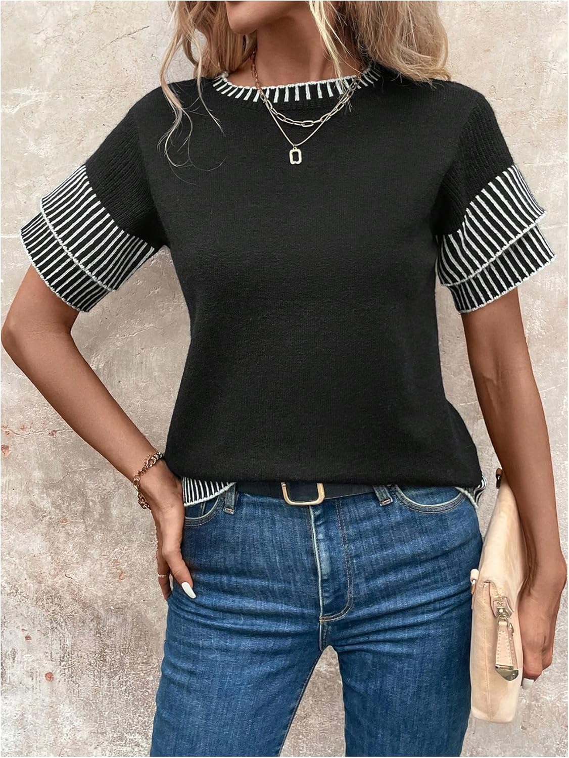 Milumia Women's Ruffle Short Sleeve Crew Neck Knit Top Striped Trim Sweater Black Large - Image 3