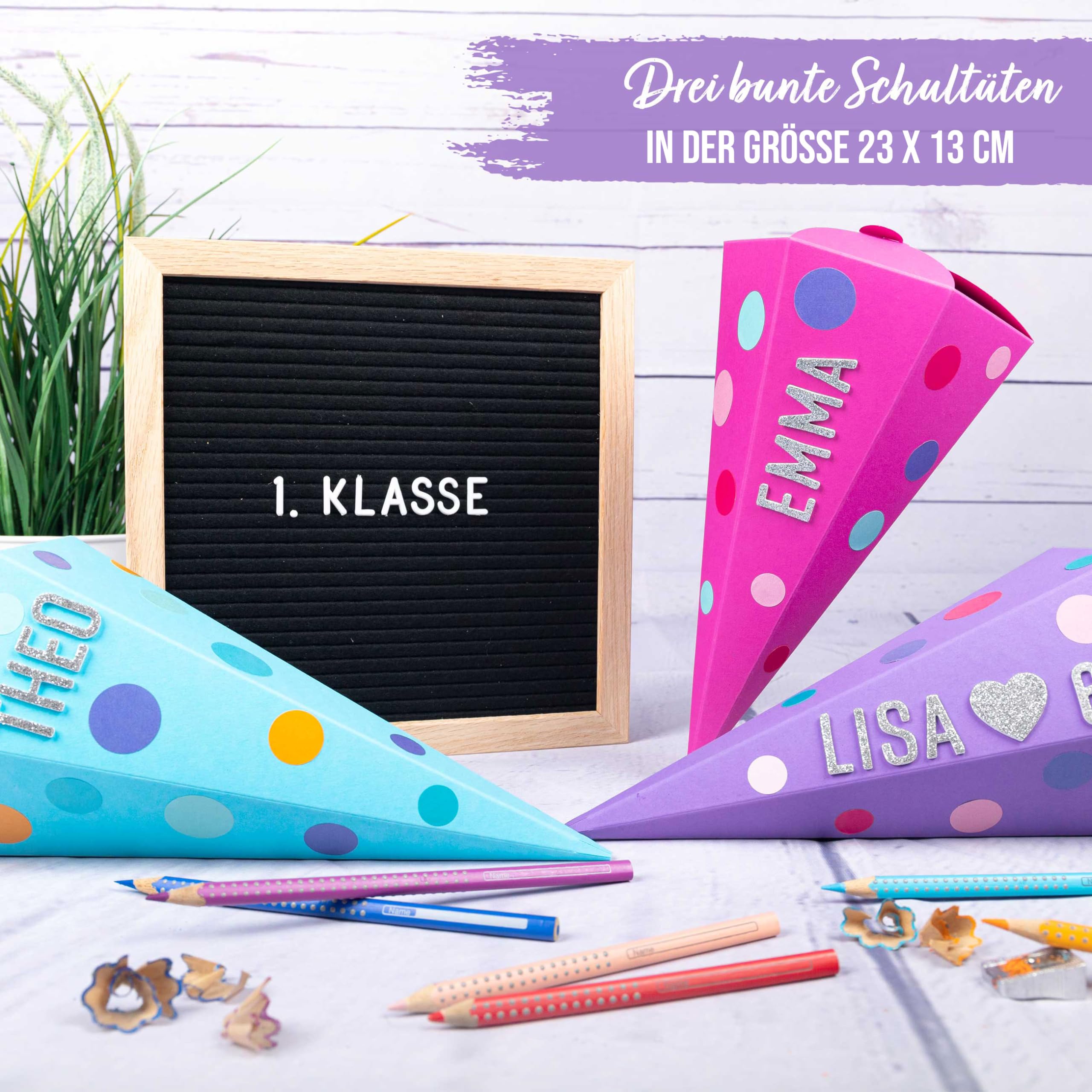 Papierdrachen School Cone Set, 3 Sibling Cones, Turquoise, Purple & Pink, 24.5 cm, Includes 3 Bags - Image 3