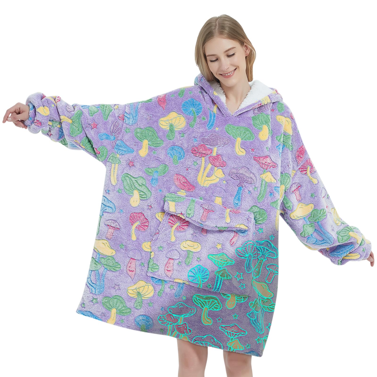 Fiosnow Glow in the Dark Mushroom Blanket Hoodies for Women and Men Adult Oversize Wearable Blanket Hoodies for Soft and Warm