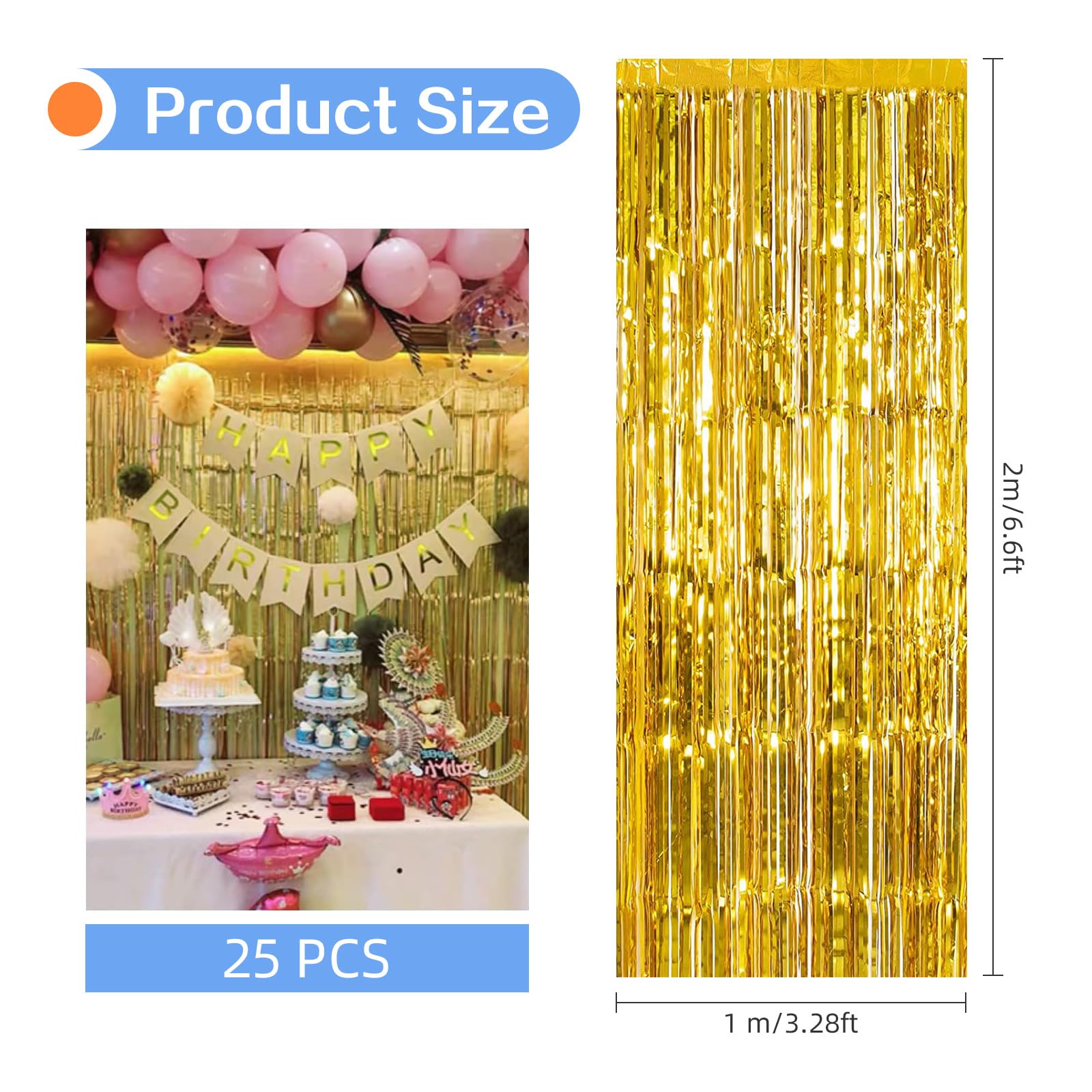 Lot de 25 rideaux à franges en feuille d'aluminium métallique pour cabine photo, anniversaire, Nouvel An, Noël (doré) – 10 x 2 m