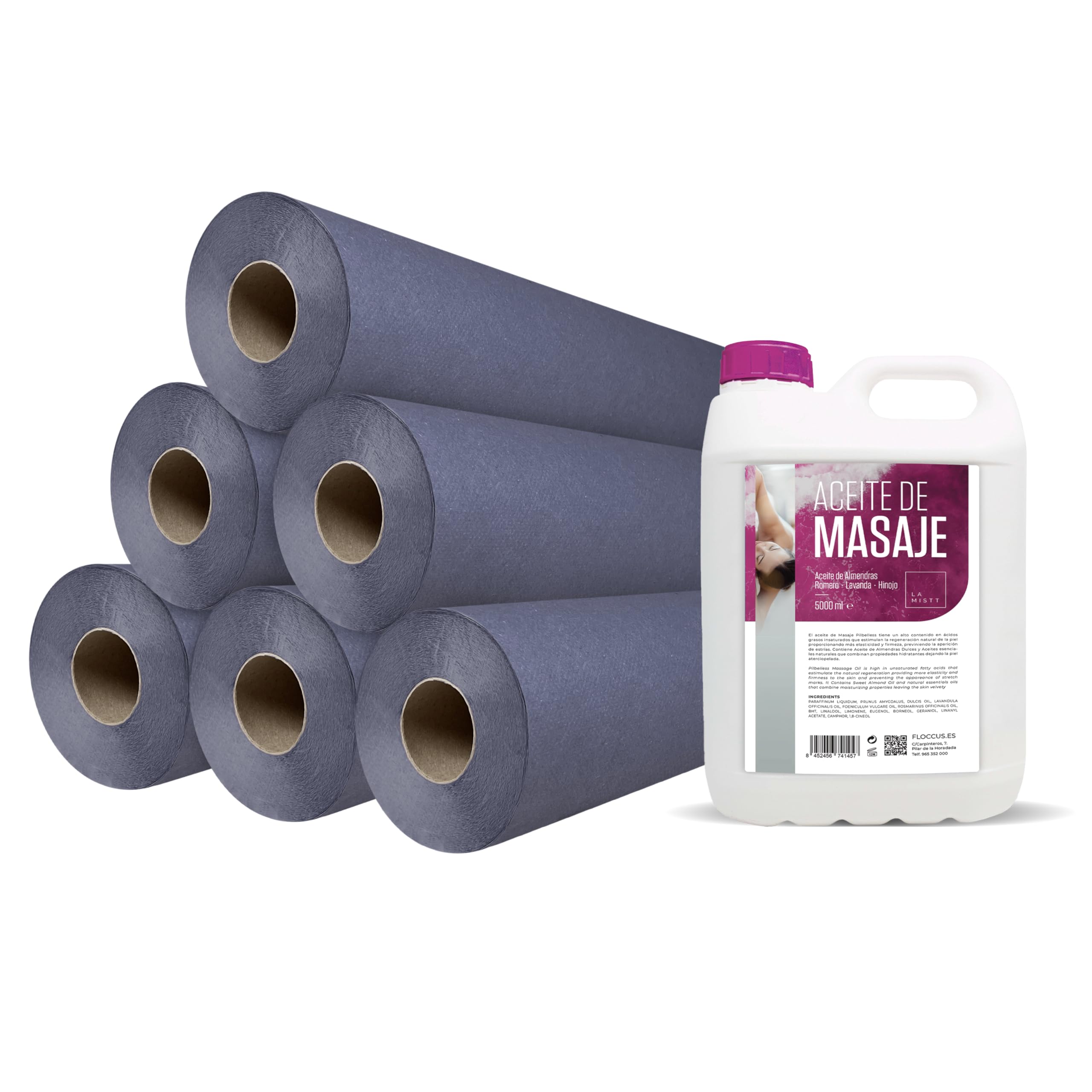 Pack 6 Rollos Papel Camilla Ecológico Azul Sin Precorte 60 cm x 70 cm | + 5 litros de Aceite de Masaje