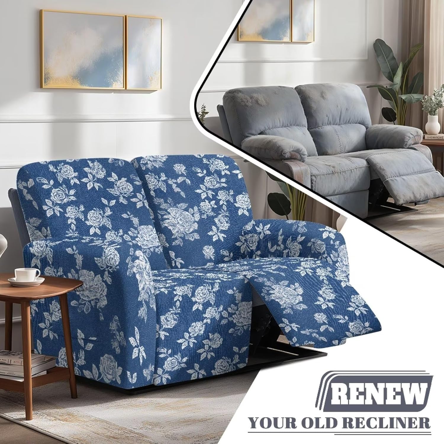 Suobstales Blue Rose Flower Print Loveseat Recliner Cover, Stretch Loveseat Cover for 2 Seat Recliner Couch, Jacquard Reclining Sofa Covers Loveseat Slipcover Furniture Protector