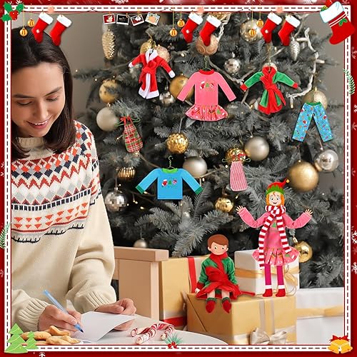 Miniatura 6 de Juego de 12 piezas de accesorios de muñeca elfo de Navidad, ropa de elfo, mini atuendo, incluye falda de muñeca, chaleco esponjoso, albornoz, saco